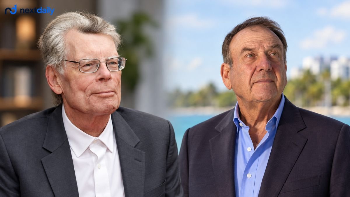 Side-by-side portraits of American author Stephen King and real estate developer Richard LeFrak.