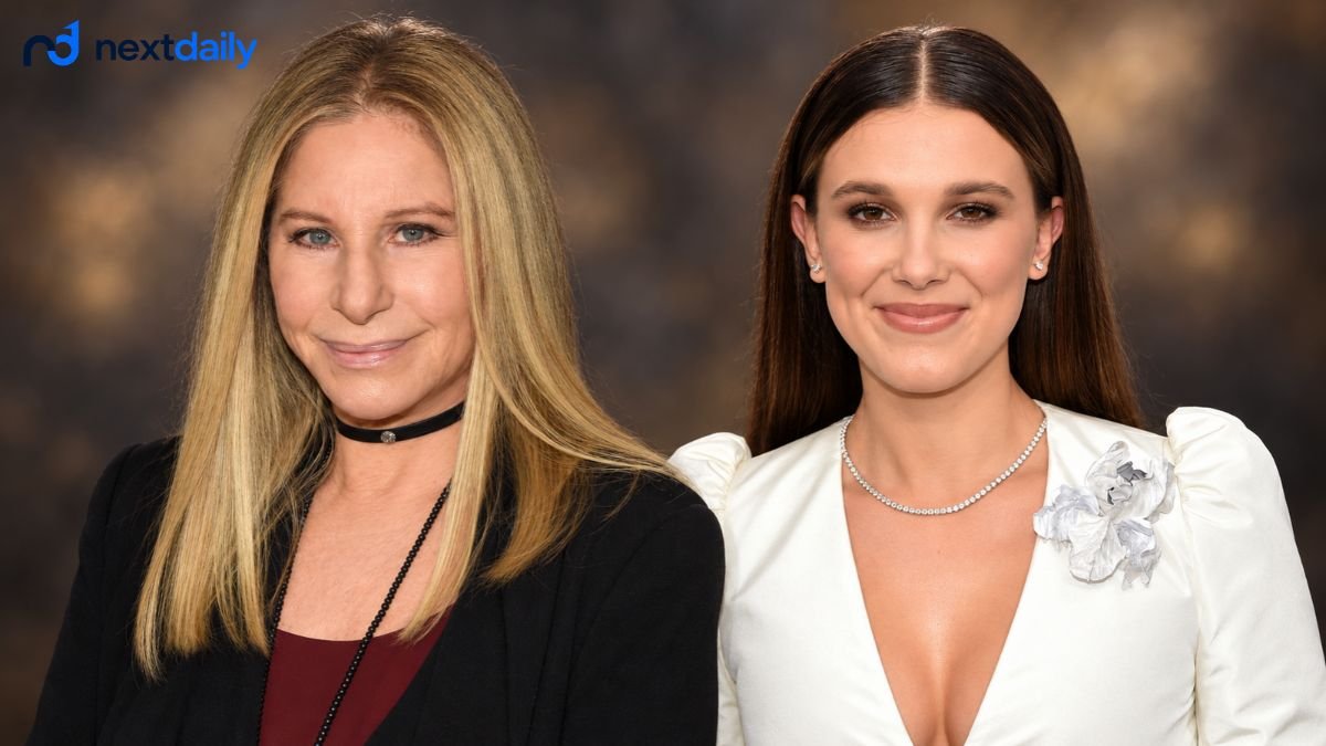 Barbra Streisand and Millie Bobby Brown in separate portraits.